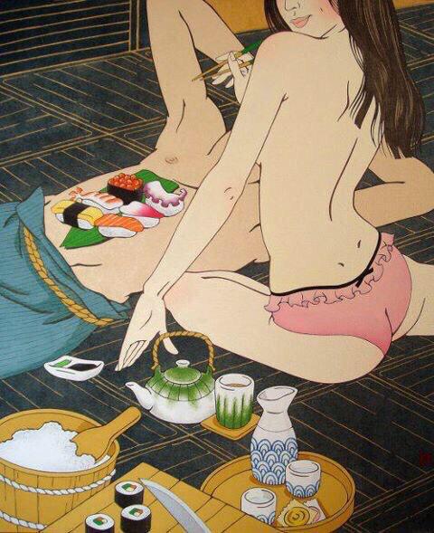 Mujer desnuda comiendo sushi Mujer desnuda comiendo sushi, sushi, sexo y suchi, sexy, arte chino
