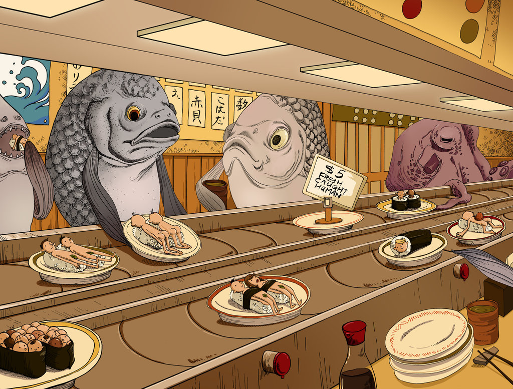 restaurante de sushi para pescados pescados comiendo humanos, restaurante de sushi para pescados, mundos al revés